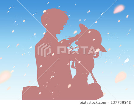 A man and a woman, smiling happily at each other, out and about, silhouettes against a blue sky. A man and a woman, smiling happily at each other, out and about, silhouettes against a blue sky. 137739548