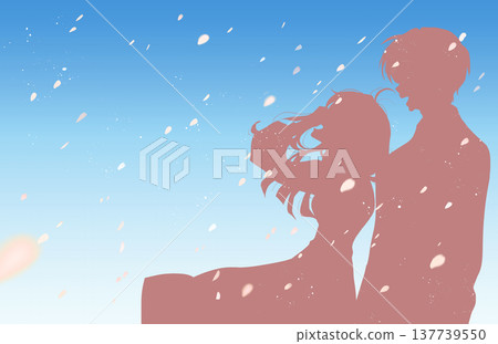 A man and a woman laughing side by side, one holding back their hair, silhouettes, cherry blossoms fluttering, blue sky. 137739550