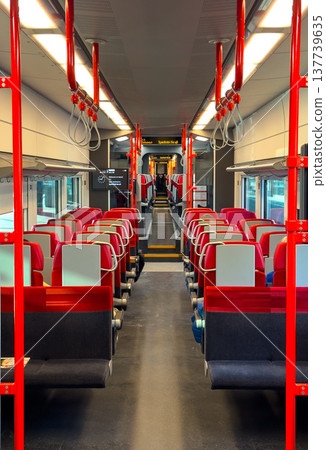 View of the rows of seats in a public transport carriage, train interior View of the rows of seats in a public transport carriage, train interior 137739635
