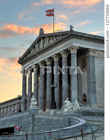 Side view of the Parliament building in Vienna with flag raised Side view of the Parliament building in Vienna with flag raised 137739668