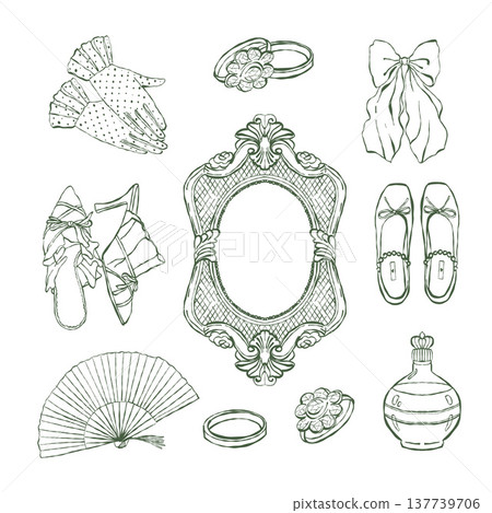 A set of vintage womens accessories. Frame, fan, rings, gloves, bows, perfume, shoes. A collection of illustrations in the Rococo and Baroque styles. Historical womens costume. Vector outline clipart 137739706