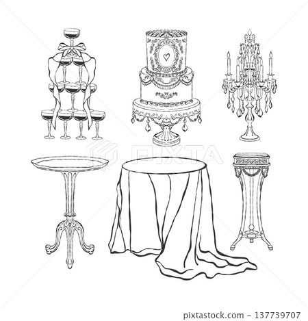 A set of clipart for a vintage romantic dinner. Different types of classic tables, a tablecloth, a candelabra with candles, a tower of glasses, a multi-tiered cake. Hand-drawn doodle style. Vector 137739707