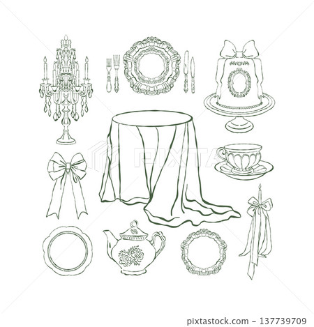 A set of clipart for a vintage romantic dinner. Table with a tablecloth, teapot, tea set, akecandles, vintage cutlery, candelabra. Hand-drawn doodle style. Vector outline illustration in green. 137739709