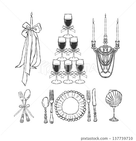 A set of clipart for a romantic dinner. Tower of glasses, candles, vintage cutlery, candelabra. Hand-drawn doodle style. Vector outline illustration in black.Coastal themed holiday and wedding 137739710