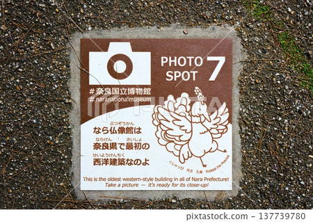 Nara, Japan - Sep 26 2024, a close-up view of a sign of asphalt indicating a photo spot, sign depicts a bird and text in Japanese and English, near by National Nara Museum, Nara, Japan 137739780