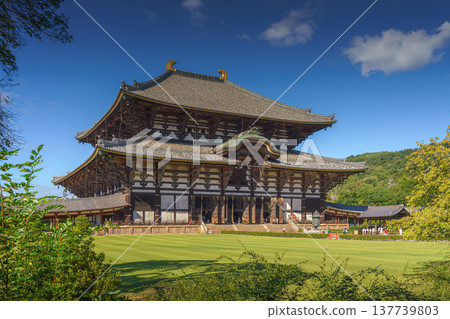 Nara, Japan - Sep 26 2024, Panoramic view of Todaiji Temple with lawn and trees in the foreground, at daytime with clear blue sky, Nara, Japan Nara, Japan - Sep 26 2024, Panoramic view of Todaiji Temple with lawn and trees in the foreground, at daytime with clear blue sky, Nara, Japan 137739803
