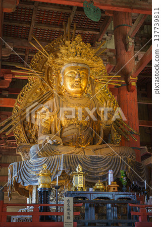 Nara, Japan - Sep 26 2024, vertical, Panoramic view of the gilded giant Buddha statue in Todaiji Temple, hall of Grand sitting Buddha Vairochana, without people, Nara, Japan 137739811