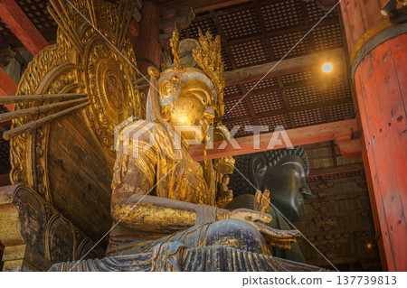 Nara, Japan - Sep 26 2024, Panoramic view of the gilded giant Buddha statue in Todaiji Temple, hall of Grand sitting Buddha Vairochana, without people, Nara, Japan 137739813