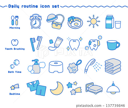 Cute daily routine icon set | Morning routine, brushing teeth, bath time, bedtime Cute daily routine icon set | Morning routine, brushing teeth, bath time, bedtime 137739846