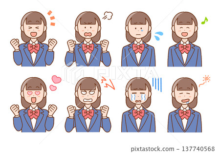 A set of illustrations depicting the emotions of high school girls (joy, anger, sadness, and happiness) | Emotions and expressions 137740568