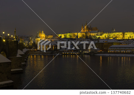 Prague Castle and Charles Bridge at night in winter Prague Castle and Charles Bridge at night in winter 137740682