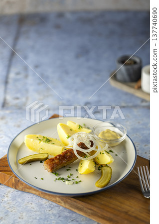 Plated sausage with potatoes, onion, pickles, and mustard Plated sausage with potatoes, onion, pickles, and mustard 137740690