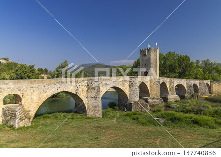 Medieval bridge with tower crossing Frias river in Spain Medieval bridge with tower crossing Frias river in Spain 137740836
