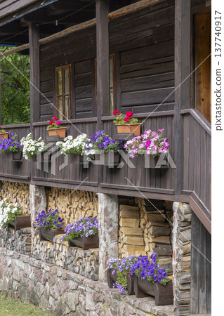 Traditional Slovak house with vibrant petunias and firewood Traditional Slovak house with vibrant petunias and firewood 137740917