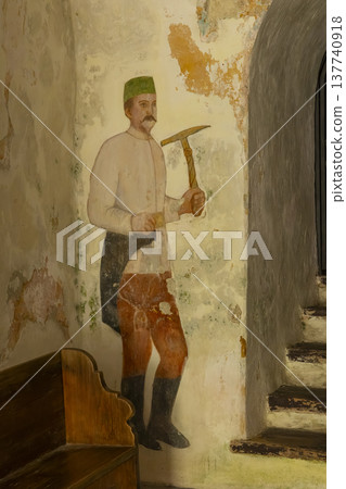 Miner mural painting preserving Spania Dolina mining history Miner mural painting preserving Spania Dolina mining history 137740918