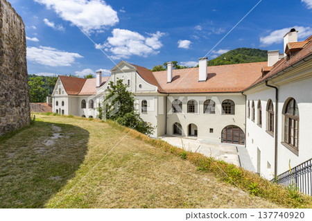 Modry Kamen Castle buildings and courtyard on sunny day Modry Kamen Castle buildings and courtyard on sunny day 137740920