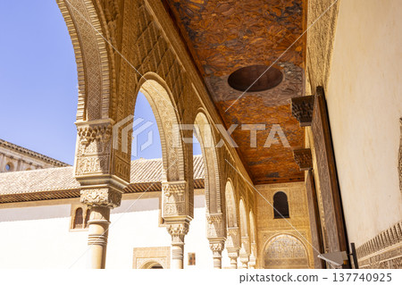 Alhambra palace intricate arches and wooden ceiling in Granada, Spain Alhambra palace intricate arches and wooden ceiling in Granada, Spain 137740925