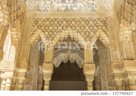 Alhambra palace intricate Islamic architecture details in Granada 137740927