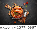 Baked beans tomato sauce grilled sausages cast iron pan English breakfast 137740967