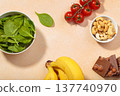 Magnesium rich foods healthy diet nutrition banana spinach nuts chocolate tomatoes copy space 137740970