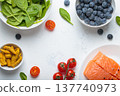 Healthy anti inflammatory diet food ingredients white background salmon blueberry spinach copy space 137740973