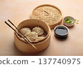 Steaming chinese dim sum bao dumplings chopsticks soy sauce asian bamboo steamer 137740975