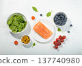 Healthy anti inflammatory diet food ingredients white background salmon blueberry vegetables spinach 137740980