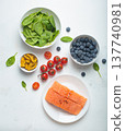 Healthy anti inflammatory diet food ingredients white background salmon blueberry vegetables spinach 137740981