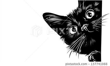 Black cat peeking with big curious eyes. Black domestic cat peeking from the side with wide, observing eyes Black cat peeking with big curious eyes. Black domestic cat peeking from the side with wide, observing eyes 137741088