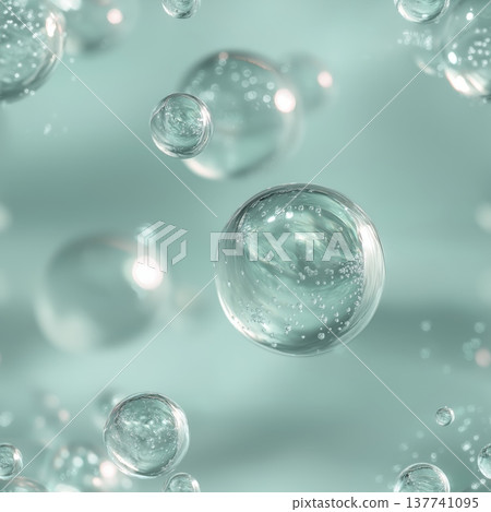 Clear microbubbles suspended in a transparent serum fluid. Clear microbubbles suspended in a light aqua-tinted transparent serum creating a hydrating texture 137741095