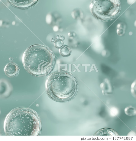 Clear microbubbles suspended in a transparent serum fluid. Clear microbubbles suspended in a light aqua-tinted transparent serum creating a hydrating texture Clear microbubbles suspended in a transparent serum fluid. Clear microbubbles suspended in a light aqua-tinted transparent serum creating a hydrating texture 137741097