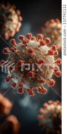 Coronavirus particle showing detailed spike proteins. Coronavirus particle with red and orange glycoprotein spike proteins on its surface Coronavirus particle showing detailed spike proteins. Coronavirus particle with red and orange glycoprotein spike proteins on its surface 137741112