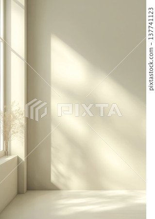 Empty room with natural light and minimalist vase. Minimalist room with light walls and floor, natural sunlight streaming through a window creating shadows 137741123