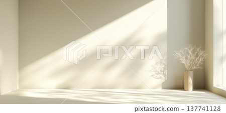 Empty room with natural light and minimalist vase. Minimalist room with light walls and floor, natural sunlight streaming through a window creating shadows Empty room with natural light and minimalist vase. Minimalist room with light walls and floor, natural sunlight streaming through a window creating shadows 137741128