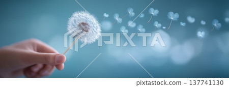 Hand holding dandelion blowing heart seeds. Human hand holding a dandelion while seeds with heart shapes are floating in the air against a soft blue background Hand holding dandelion blowing heart seeds. Human hand holding a dandelion while seeds with heart shapes are floating in the air against a soft blue background 137741130