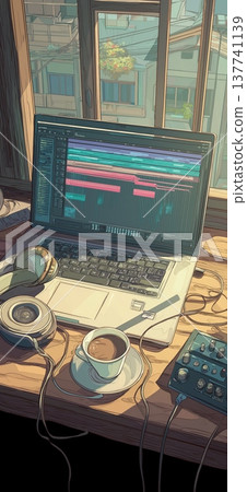 Home music studio setup with laptop headphones and mixer. Desk with laptop showing DAW software, headphones, coffee, and audio equipment by a window Home music studio setup with laptop headphones and mixer. Desk with laptop showing DAW software, headphones, coffee, and audio equipment by a window 137741139