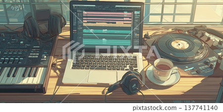 Home music studio setup with laptop headphones and mixer. Desk with laptop showing DAW software, headphones, coffee, and audio equipment by a window Home music studio setup with laptop headphones and mixer. Desk with laptop showing DAW software, headphones, coffee, and audio equipment by a window 137741140