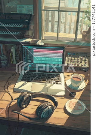 Home music studio setup with laptop headphones and mixer. Desk with laptop showing DAW software, headphones, coffee, and audio equipment by a window 137741141