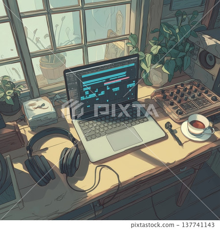 Home music studio setup with laptop headphones and mixer. Desk with laptop showing DAW software, headphones, coffee, and audio equipment by a window Home music studio setup with laptop headphones and mixer. Desk with laptop showing DAW software, headphones, coffee, and audio equipment by a window 137741143