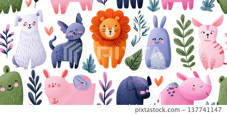 Children seamless pattern with cute animals and spring floral elements. Playful pattern featuring cartoony forest animals and blooming flowers on a white background 137741147