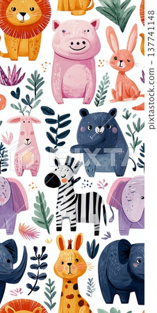 Children seamless pattern with cute animals and spring floral elements. Playful pattern featuring cartoony forest animals and blooming flowers on a white background 137741148