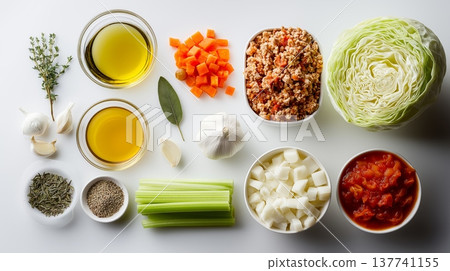 Ingredients for traditional stuffed cabbage soup with ground turkey. Flat lay showing fresh ingredients for making stuffed cabbage soup on a white background Ingredients for traditional stuffed cabbage soup with ground turkey. Flat lay showing fresh ingredients for making stuffed cabbage soup on a white background 137741155