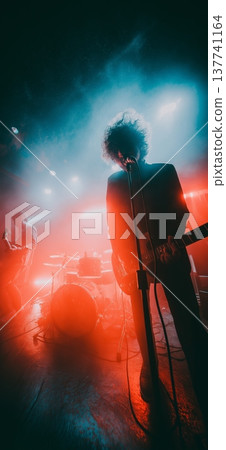 Live band performing during an energetic music concert. Musicians playing rock music on stage with dramatic red and blue lighting 137741164