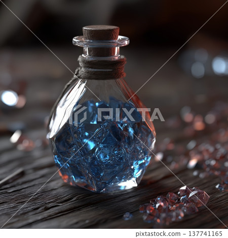 Magical mana poison potion sparkling inside faceted bottle. Blue liquid sparking within a glass potion bottle with a cork stopper and twine 137741165