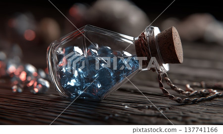 Magical mana poison potion sparkling inside faceted bottle. Blue liquid sparking within a glass potion bottle with a cork stopper and twine Magical mana poison potion sparkling inside faceted bottle. Blue liquid sparking within a glass potion bottle with a cork stopper and twine 137741166