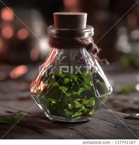 Magical poison potion sparkling inside faceted bottle. Green liquid sparking within a glass potion bottle with a cork stopper and twine Magical poison potion sparkling inside faceted bottle. Green liquid sparking within a glass potion bottle with a cork stopper and twine 137741167