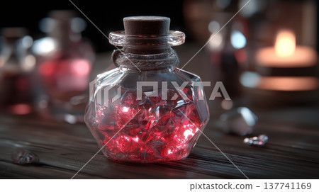 Magical potion sparkling inside faceted bottle. Pink liquid sparking within a glass potion bottle with a cork stopper and twine Magical potion sparkling inside faceted bottle. Pink liquid sparking within a glass potion bottle with a cork stopper and twine 137741169