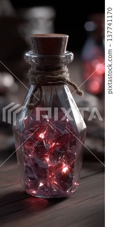 Magical potion sparkling inside faceted bottle. Pink liquid sparking within a glass potion bottle with a cork stopper and twine Magical potion sparkling inside faceted bottle. Pink liquid sparking within a glass potion bottle with a cork stopper and twine 137741170