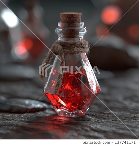 Magical health potion sparkling inside faceted bottle. Red liquid sparking within a glass potion bottle with a cork stopper and twine Magical health potion sparkling inside faceted bottle. Red liquid sparking within a glass potion bottle with a cork stopper and twine 137741171
