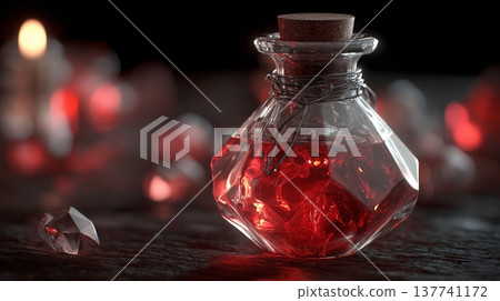 Magical health potion sparkling inside faceted bottle. Red liquid sparking within a glass potion bottle with a cork stopper and twine Magical health potion sparkling inside faceted bottle. Red liquid sparking within a glass potion bottle with a cork stopper and twine 137741172